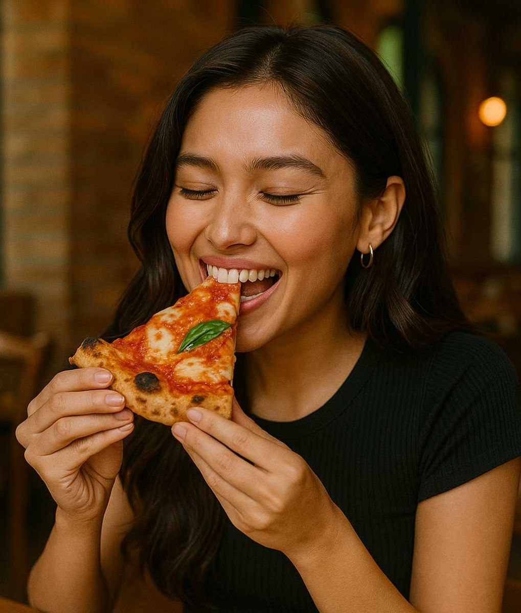 pizzabox woman eating pizza